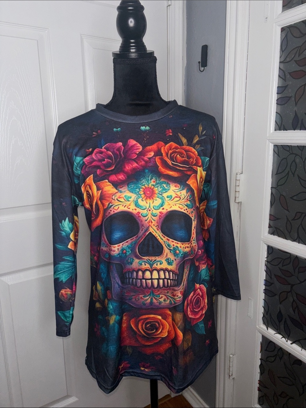 Men's Black Floral Sugar Skull Long Sleeve Shirt